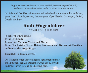 Traueranzeige von Rudi Wagenführer von Thüringer Allgemeine, Thüringische Landeszeitung