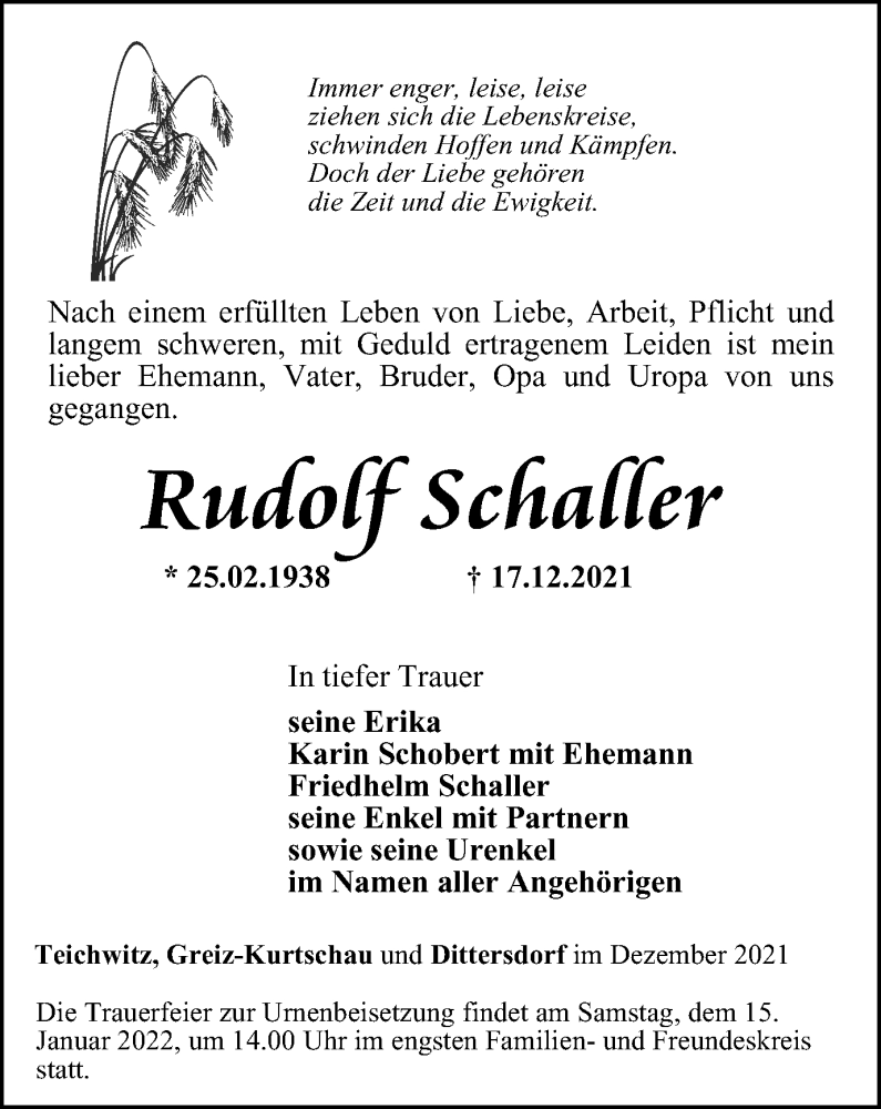  Traueranzeige für Rudolf Schaller vom 24.12.2021 aus Ostthüringer Zeitung