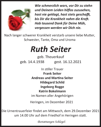 Traueranzeige von Ruth Seiter von Thüringer Allgemeine