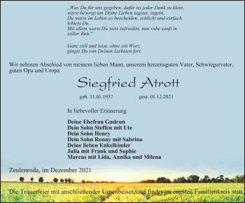 Traueranzeige von Siegfried Atrott von Ostthüringer Zeitung