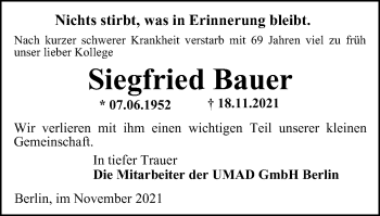 Traueranzeige von Siegfried Bauer von Ostthüringer Zeitung