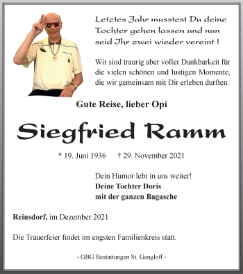 Traueranzeige von Siegfried Ramm von Ostthüringer Zeitung