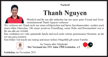 Traueranzeige von Thanh Nguyen von Thüringer Allgemeine