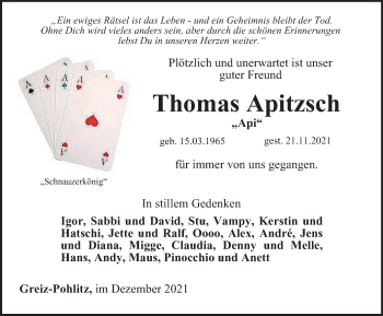 Traueranzeige von Thomas Apitzsch von Ostthüringer Zeitung