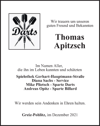 Traueranzeige von Thomas Apitzsch von Ostthüringer Zeitung