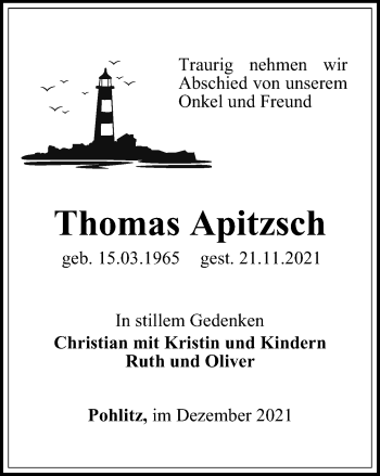 Traueranzeige von Thomas Apitzsch von Ostthüringer Zeitung