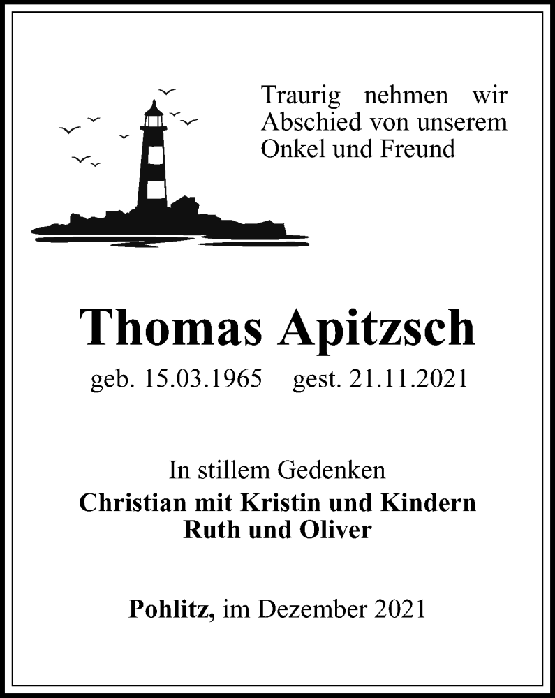  Traueranzeige für Thomas Apitzsch vom 02.12.2021 aus Ostthüringer Zeitung