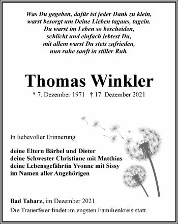 Traueranzeige von Thomas Winkler