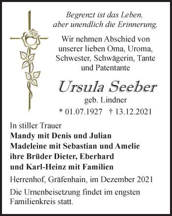 Traueranzeige von Ursula Seeber von Thüringer Allgemeine, Thüringische Landeszeitung