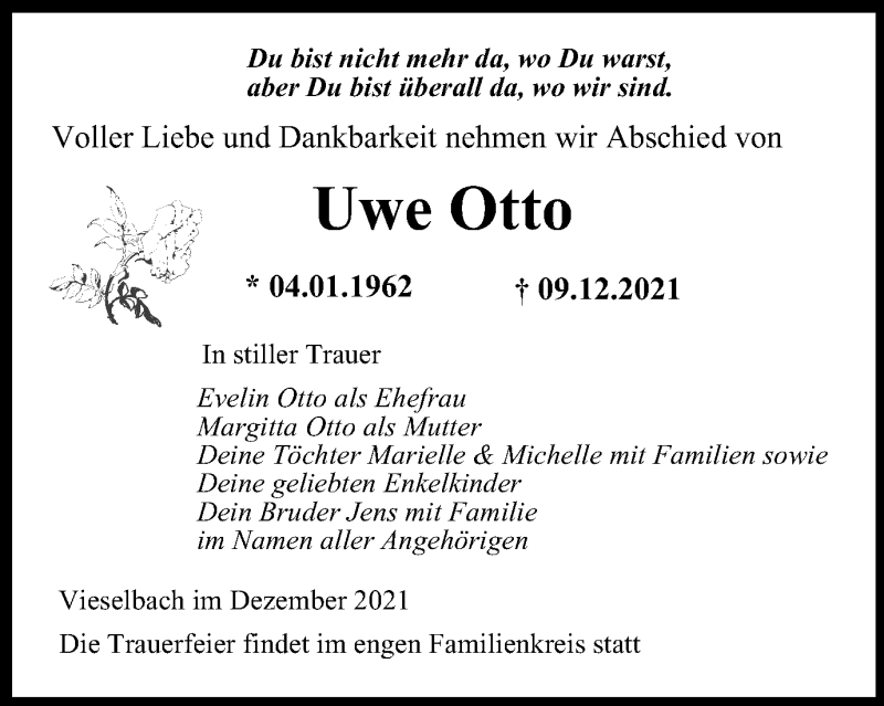  Traueranzeige für Uwe Otto vom 18.12.2021 aus Thüringer Allgemeine, Thüringische Landeszeitung