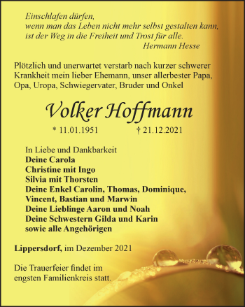 Traueranzeige von Volker Hoffmann von Ostthüringer Zeitung