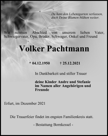 Traueranzeige von Volker Pachtmann von Thüringer Allgemeine, Thüringische Landeszeitung