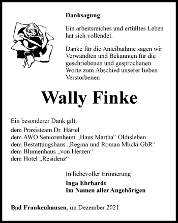 Traueranzeige von Wally Finke von Thüringer Allgemeine