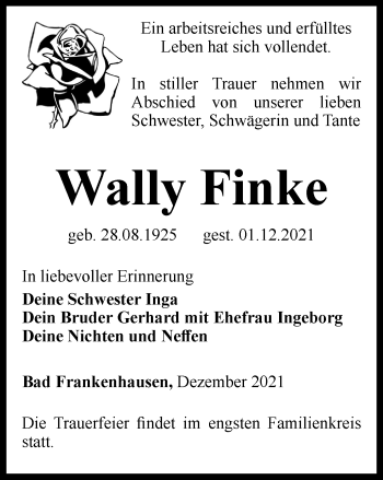 Traueranzeige von Wally Finke von Thüringer Allgemeine