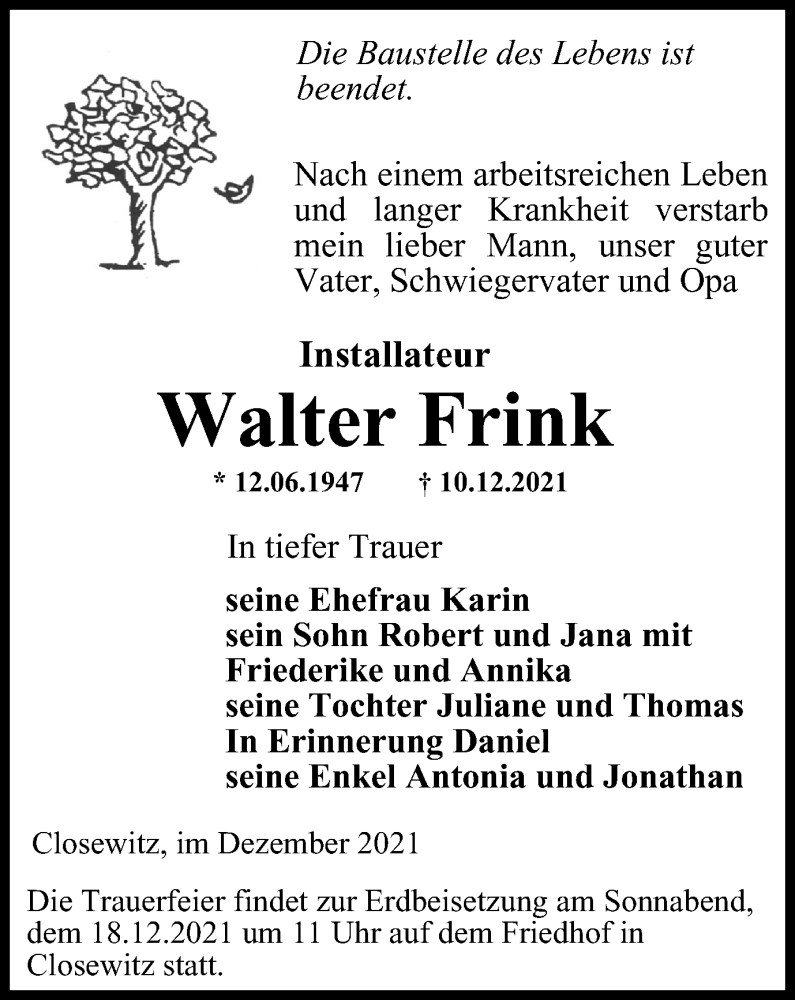  Traueranzeige für Walter Frink vom 14.12.2021 aus Ostthüringer Zeitung, Thüringische Landeszeitung