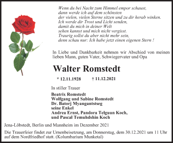 Traueranzeige von Walter Romstedt von Ostthüringer Zeitung, Thüringische Landeszeitung