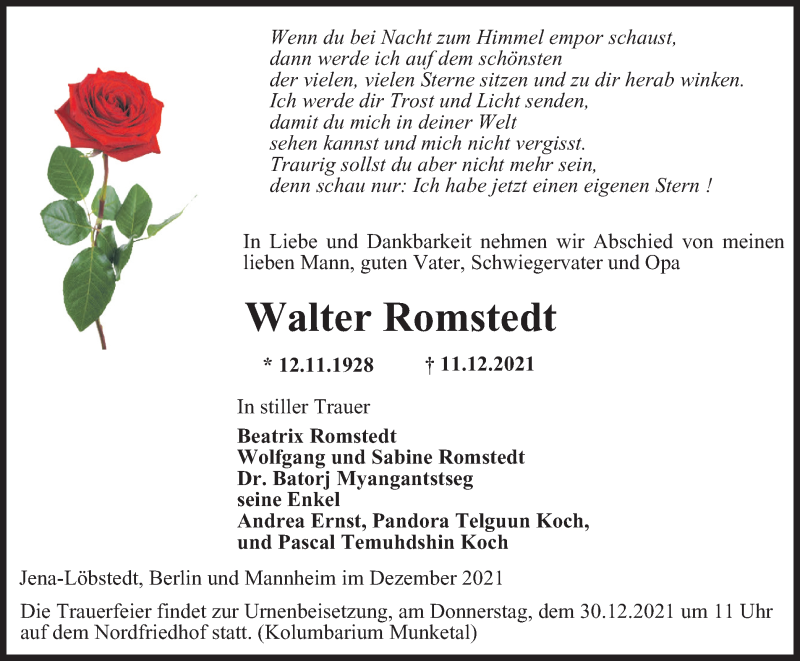  Traueranzeige für Walter Romstedt vom 18.12.2021 aus Ostthüringer Zeitung, Thüringische Landeszeitung