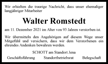 Traueranzeige von Walter Romstedt von Ostthüringer Zeitung, Thüringische Landeszeitung