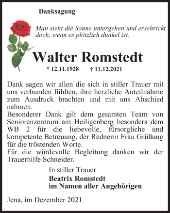 Traueranzeige von Walter Romstedt von Ostthüringer Zeitung, Thüringische Landeszeitung