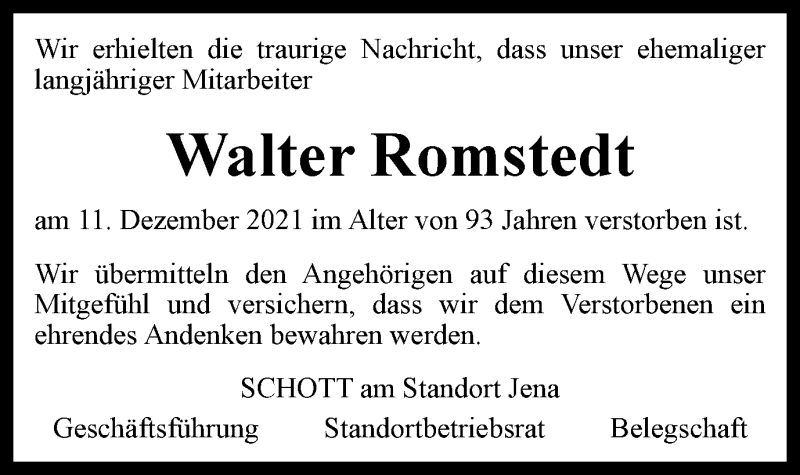  Traueranzeige für Walter Romstedt vom 24.12.2021 aus Ostthüringer Zeitung, Thüringische Landeszeitung