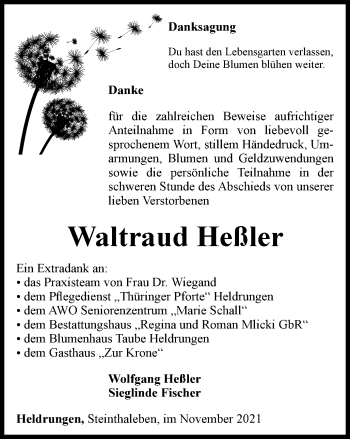 Traueranzeige von Waltraud Heßler von Thüringer Allgemeine