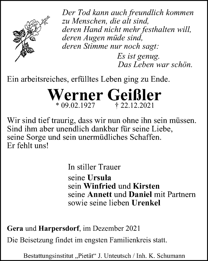  Traueranzeige für Werner Geißler vom 31.12.2021 aus Ostthüringer Zeitung