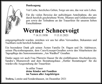 Traueranzeige von Werner Schneevoigt von Thüringer Allgemeine