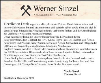 Traueranzeige von Werner Sinzel von Thüringer Allgemeine