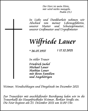 Traueranzeige von Wilfriede Lauer von Thüringer Allgemeine, Thüringische Landeszeitung