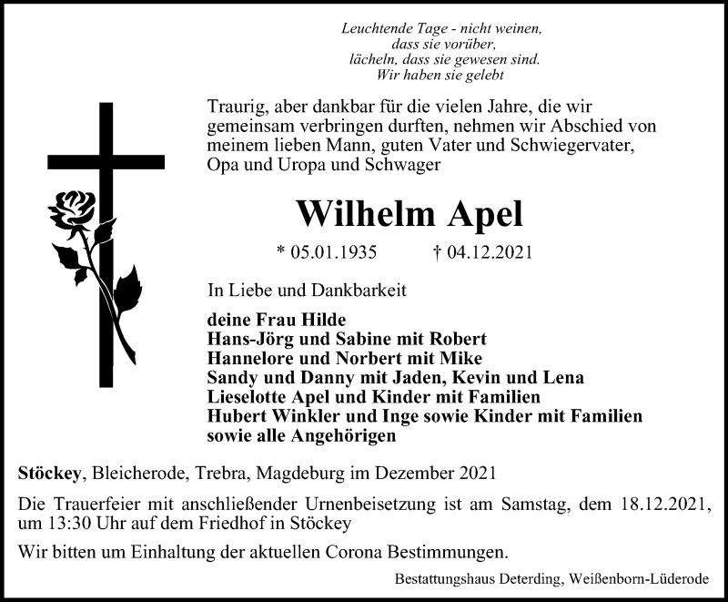  Traueranzeige für Wilhelm Apel vom 11.12.2021 aus Thüringer Allgemeine
