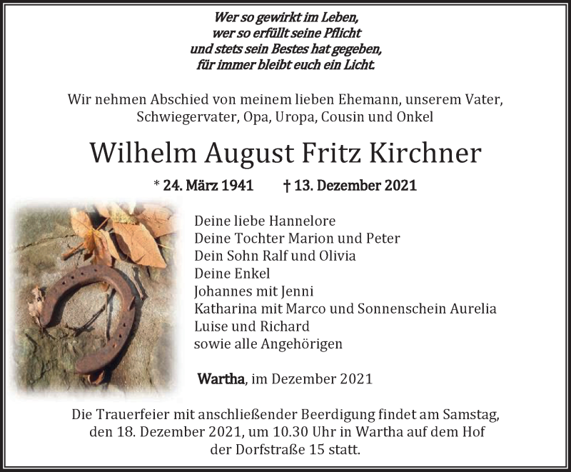  Traueranzeige für Wilhelm August Fritz Kirchner vom 16.12.2021 aus Thüringer Allgemeine, Thüringische Landeszeitung