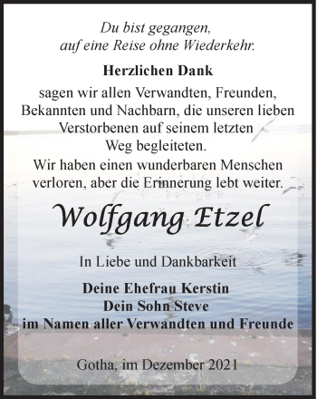 Traueranzeige von Wolfgang Etzel von Thüringer Allgemeine, Thüringische Landeszeitung