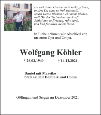 Traueranzeige von Wolfgang Köhler von Thüringer Allgemeine