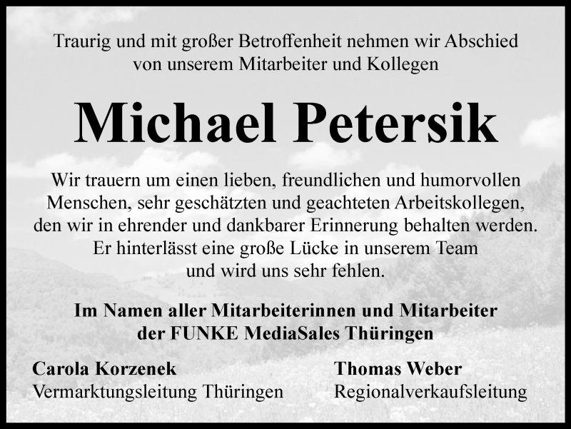  Traueranzeige für Michael Petersik vom 20.02.2021 aus Thüringer Allgemeine