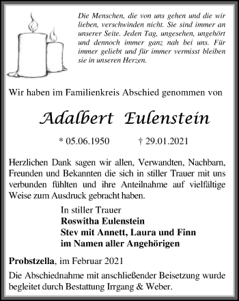 Traueranzeige von Adalbert Eulenstein von Ostthüringer Zeitung