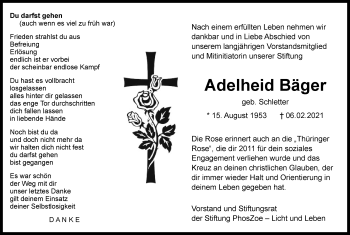 Traueranzeige von Adelheid Bäger von Ostthüringer Zeitung