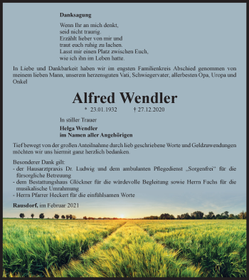 Traueranzeige von Alfred Wendler von Ostthüringer Zeitung