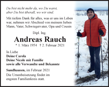 Traueranzeige von Andreas Rauch von Thüringer Allgemeine, Thüringische Landeszeitung