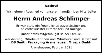 Traueranzeige von Andreas Schlimper von Thüringer Allgemeine