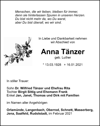 Traueranzeige von Anna Tänzer von Ostthüringer Zeitung, Thüringische Landeszeitung