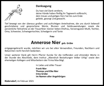 Traueranzeige von Annerose Nier von Ostthüringer Zeitung