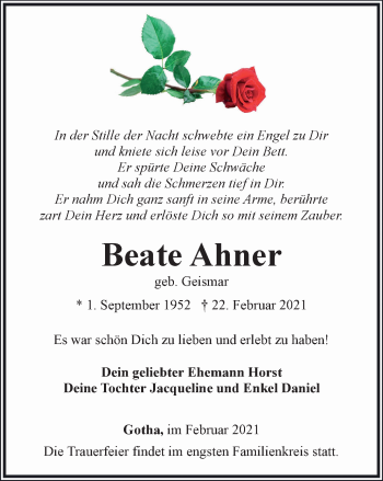 Traueranzeige von Beate Ahner von Thüringer Allgemeine, Thüringische Landeszeitung