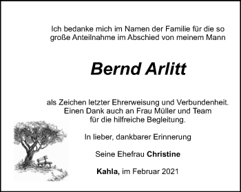 Traueranzeige von Bernd Arlitt von Ostthüringer Zeitung, Thüringische Landeszeitung