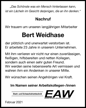 Traueranzeige von Bert Weidhase
