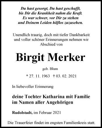 Traueranzeige von Birgit Merker von Ostthüringer Zeitung