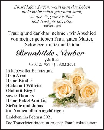 Traueranzeige von Brunhilde Neuber von Thüringer Allgemeine, Thüringische Landeszeitung