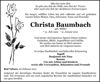 Traueranzeige von Christa Baumbach von Thüringer Allgemeine, Thüringische Landeszeitung