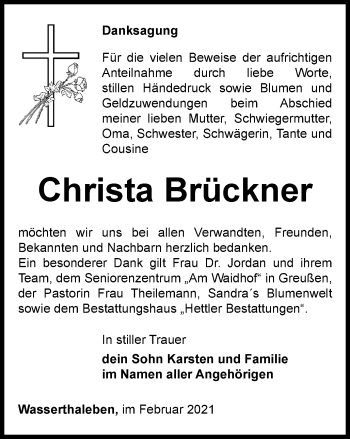Traueranzeige von Christa Brückner von Thüringer Allgemeine