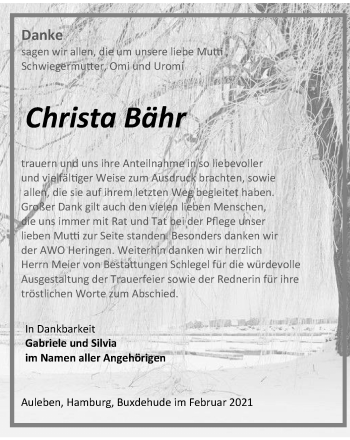 Traueranzeige von Christa Bähr von Thüringer Allgemeine