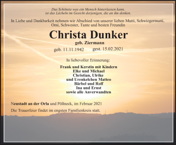 Traueranzeige von Christa Dunker